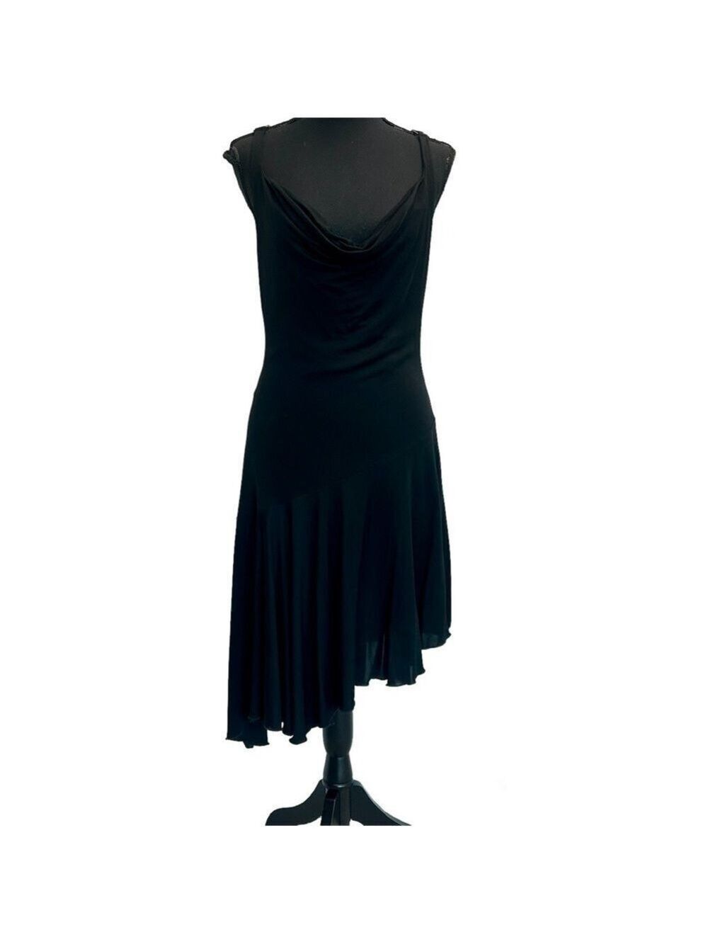 Bebe black asymmetrical spaghetti strap fit and flare dress Sz L